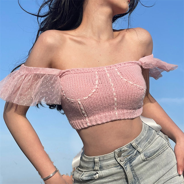#Sisjuly# pink and tender girl super cute lace lace flying sleeves knitted small sling female all-match thin #Sisjuly# pink and tender girl super cute lace lace flying sleeves knitted small sling female all-match thin