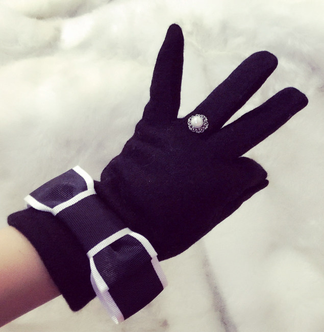 小香风新款蝴蝶结边分指手套戒指羊毛触屏款韩版东大门加厚批发