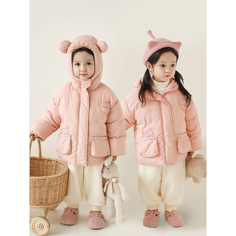 Hilu Meng girl Lazy Little Bear Embroidered Cotton Clothes Warm 2023 Winter New Children Fashion Cartoon Cotton Clothing Thick-Taobao