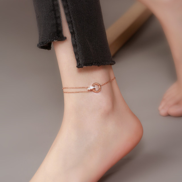 ເກີບສົ້ນຕີນແຫວນຄູ່ສຳລັບຜູ້ຍິງປີ 2024 ໃໝ່ທີ່ທັນສະໃໝ ແລະ ລະດັບສູງ 18k Rose gold titanium steel titanium stretch anklet for women ທີ່ບໍ່ຈືດຈາງ