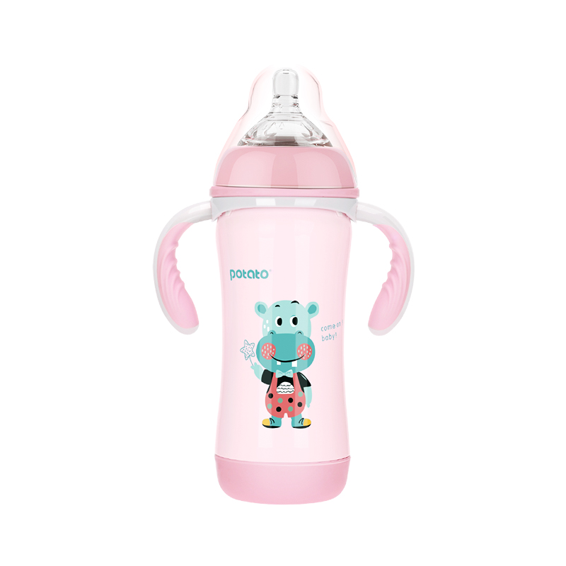 small potato stainless steel insulated baby bottle genuine baby with straw handle anti-fall feeding bottle water cup dual-use