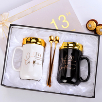 Creative couple cup Ceramic cup A pair of sets Couple mug Water cup with lid spoon Wedding gift gift box