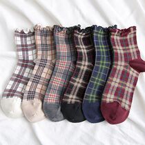 Lace plaid socks womens midline socks Japanese white retro fungus side long wine red grid socks female British style