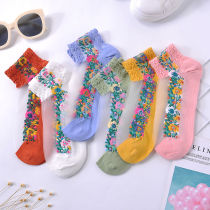 Socks womens summer thin trendy crystal silk socks Japanese small floral ethnic style cotton bottom anti-hook silk boat socks