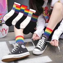 3-6 double-pack Korean version of medium and high socks Harajuku wind rainbow stripe pattern Net red socks female students trend long tube
