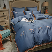 (60 pieces of cotton)American light luxury cotton four-piece set of high-end vintage pony embroidery skin-friendly naked sleeping quilt cover