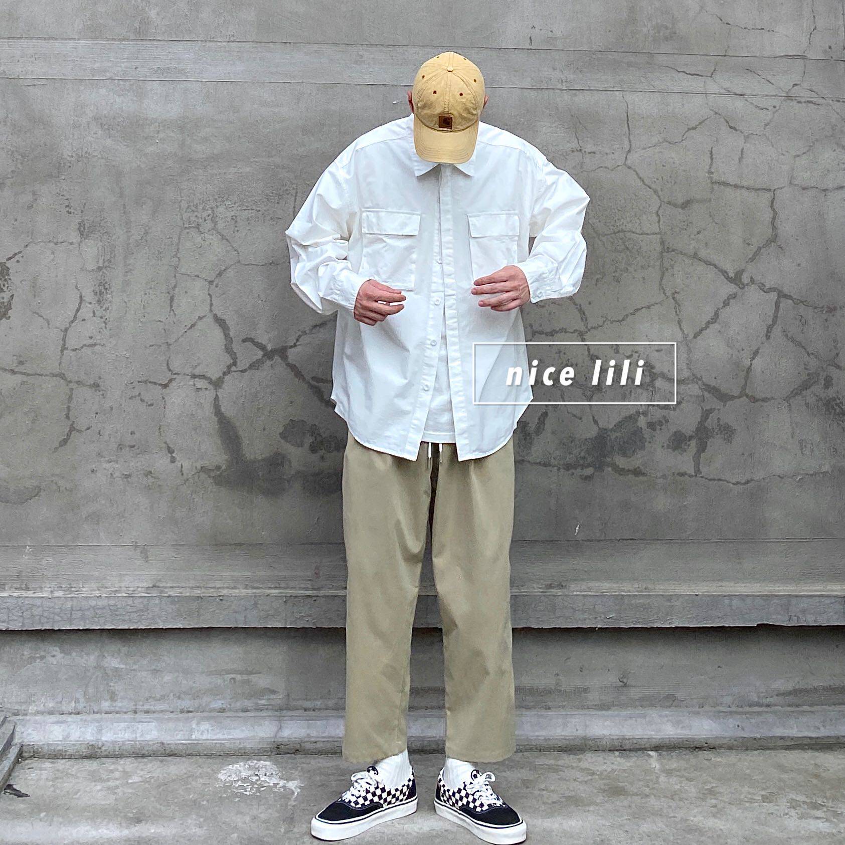 nicelili自制日系工装二袋落肩衬衣纯色宽松格子长袖衬衫男女