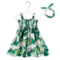 Girls suspender skirt summer childrens baby Princess green print Korean version of the chest holiday beach dress dress