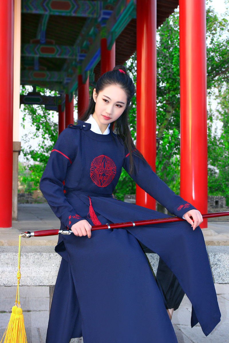 古装服装女款圆领长袍汉服改良侠女唐装舞台演出服中国风古典女装