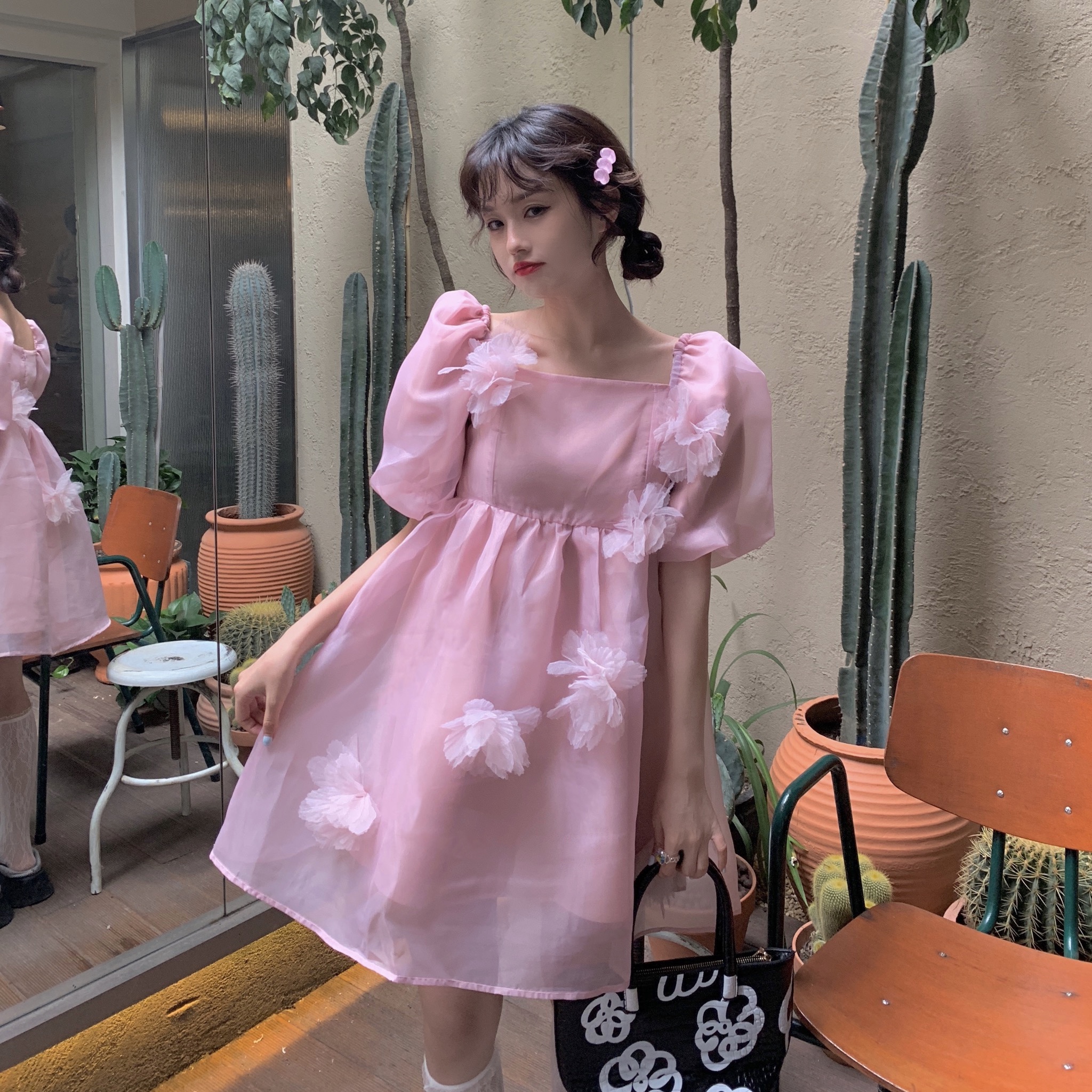 实价实拍现货 法式复古方领泡泡袖连衣裙温柔公主仙女蓬蓬裙