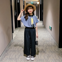 Next alice girls short-sleeved suit 2021 new chiffon wide-leg pants in large childrens casual cotton and linen two-piece set