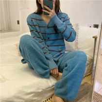 Japan JULIPET Winter Stripe with Thick Cashmere Pajamas Pajamas Knitted Pajamas Two-Package Clothing Ins