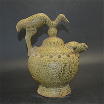 Song Yue kiln celadon all hand-carved crane frog figure to do old backward pot old antique porcelain collection antique