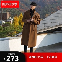 Winter woolen coat men long knee loose cashmere trench coat men Korean trend Brown double-row woolen coat