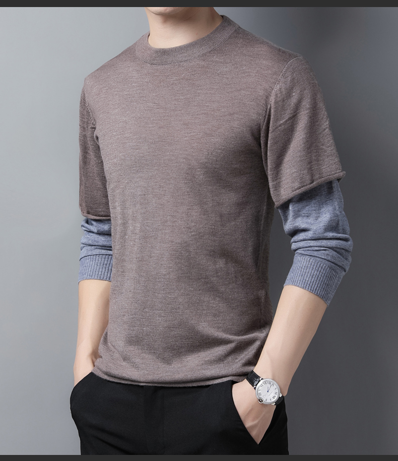 拼接袖假两件圆领衫男20秋冬休闲时尚针织毛衣f1959-p85