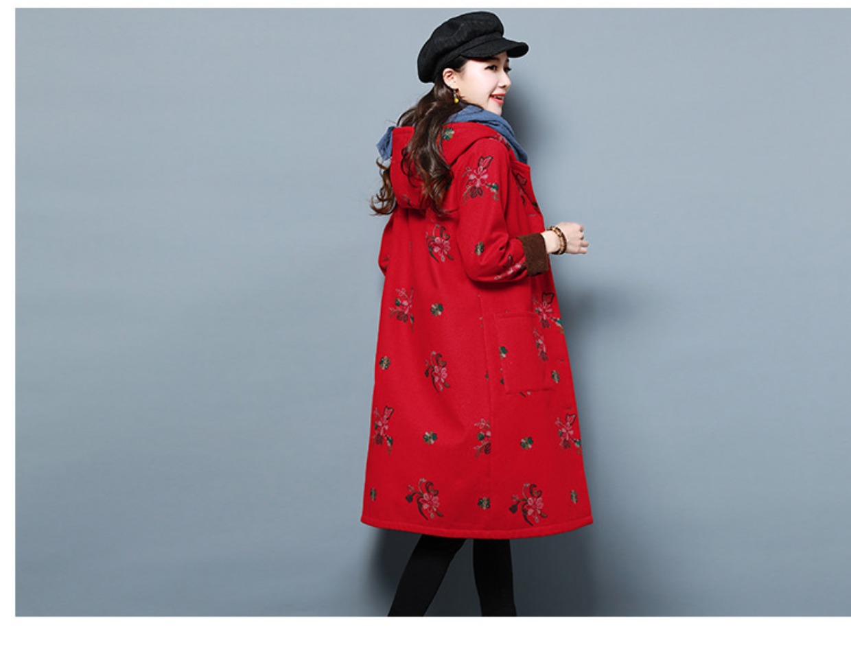 秋冬加绒棉衣女中长款棉麻复古连帽加厚棉服民