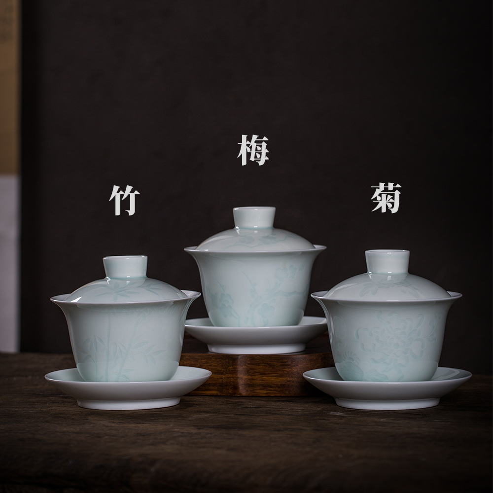 Three only shadow left up green tureen tea bowl large kung fu tea tea cup of jingdezhen ceramic manual its