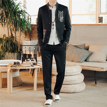 Tang suit Male youth Long-sleeved suit suit jacket Meditation suit Two-piece set Chinese style Han Suit Male ancient style tunic