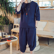 2019 spring new mens cotton and linen sleeve T-shirt suit three-point pants linen casual disc buckle two-piece suit