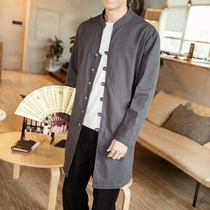 Chinese style spring new large size loose cotton and linen Tang dress medium-long shirt shirt mens retro cloak jacket