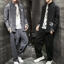 Tunic Han suit Tang Suit male youth Taoist robe ancient costume Chinese retro Buddhist Chinese style mens linen suit tide