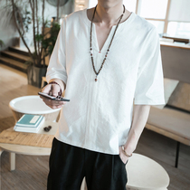 Summer clothes Chinese style Hanfu cotton and linen short-sleeved mens T-shirt trend linen loose large size top V-neck T-shirt men