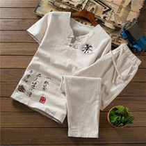 2019 spring and summer new Chinese style cotton and linen suit mens large size casual fashion national style linen short-sleeved T-shirt