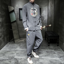 Tunic Tang suit Young man Chinese style Hanfu cotton and Hemp vintage embroidery Chinese costume ancient suit mens fashion trend