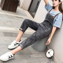 Denim sling pants women 2021 spring new Korean version of loose suspender Hyuna pants thin straight wide leg pants