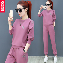 2020 spring new female round neck loose size solid color casual sportswear set women Spring and Autumn Sweater two-piece set
