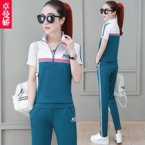 Short-sleeved trousers sports suit womens summer 2020 new color matching stitching running casual wear cotton two-piece set