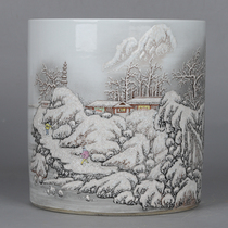 Republic of China Zhushan Eight Friends He Xuren produced a pastel snow picture text pattern pen Sea large pen container antique collectibles