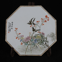 Modern famous Deng Xiaoyu pastel full garden autumn color flowers and birds pattern eight square porcelain plate painting antique porcelain collection ornaments