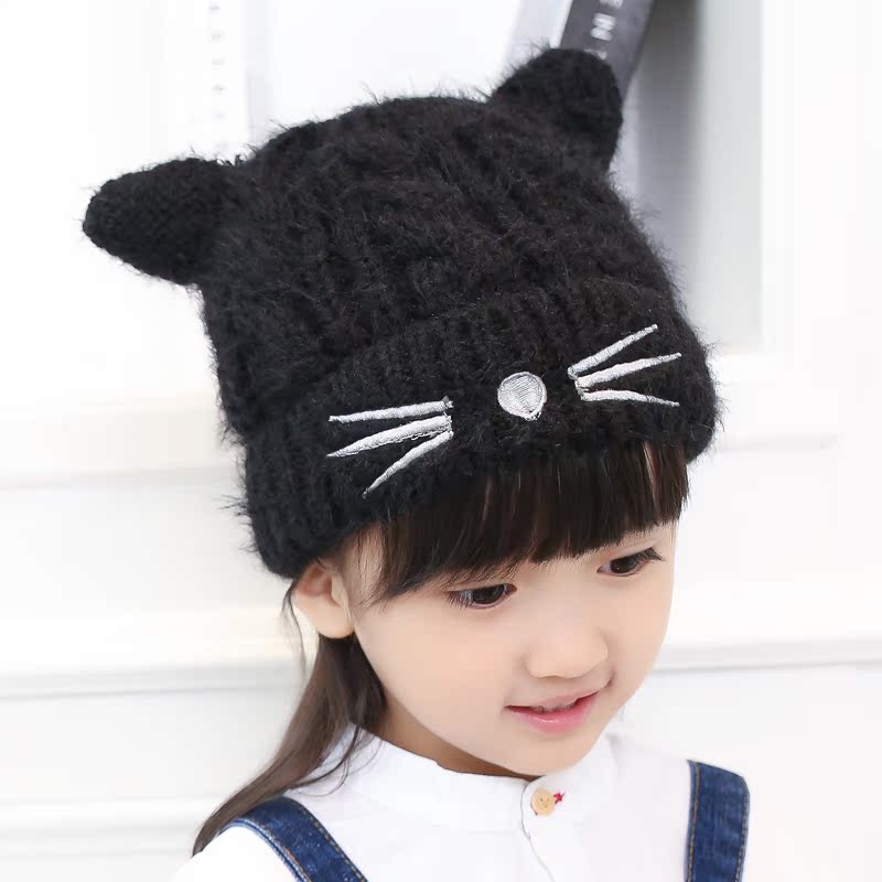 韩版儿童帽子秋冬女孩帽中小童毛线针织帽可爱猫咪宝宝保暖套头帽产品展示图1