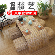 Straw woven rattan tatami tea table solid wood window table Kang a few small Kang table small tea table low table simple kung fu coffee table