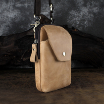 The first layer cowhide mobile phone small satchel bag men retro wear belt mobile phone fanny pack 7 2 inches crazy Horse leather shoulder messenger bag