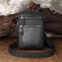 The first layer of cowhide vintage mens small satchel bag shoulder oblique cross-bag leather casual small backpack multi-function mobile phone fanny pack