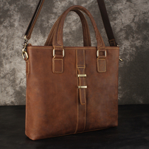 The first layer cowhide vintage briefcase mens laptop bag large capacity shoulder crossbody bag Crazy Horse leather oblique backpack