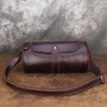 Leather cylinder messenger bag mens shoulder bag head layer cowhide multi-function small backpack retro mens bag chest bag satchel tide