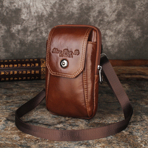 Mens fanny pack Head layer cowhide mobile phone bag Shoulder small satchel vertical wear belt leather cigarette bag business wallet