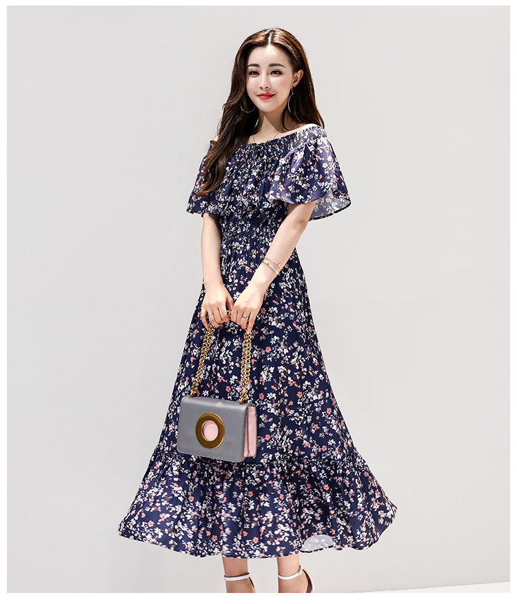 连衣裙女夏2017新款一字领露肩修身中长款大