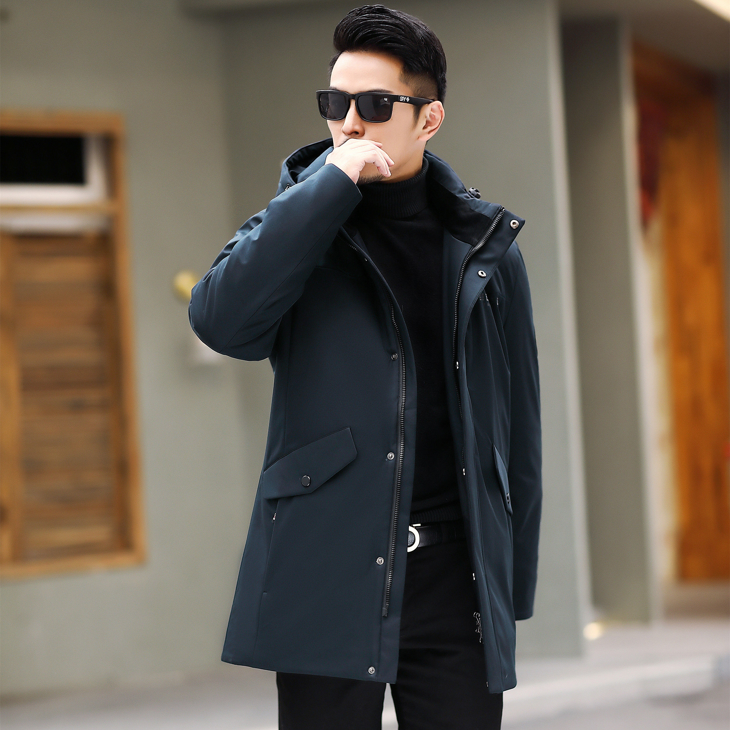 中长款90白鸭绒气质男士羽绒服可卸连帽羽绒风衣外套冬-p310