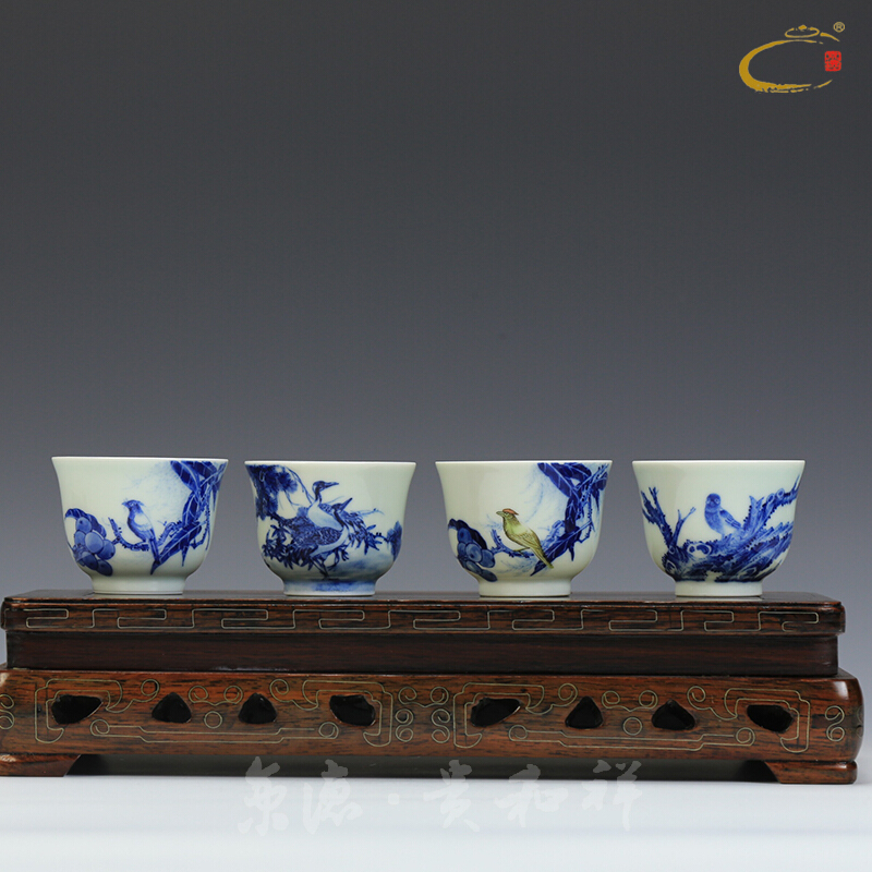 Jing DE and auspicious hand - made green, flowers and birds sample tea cup full manual single cups of jingdezhen ceramic kung fu tea set small cups