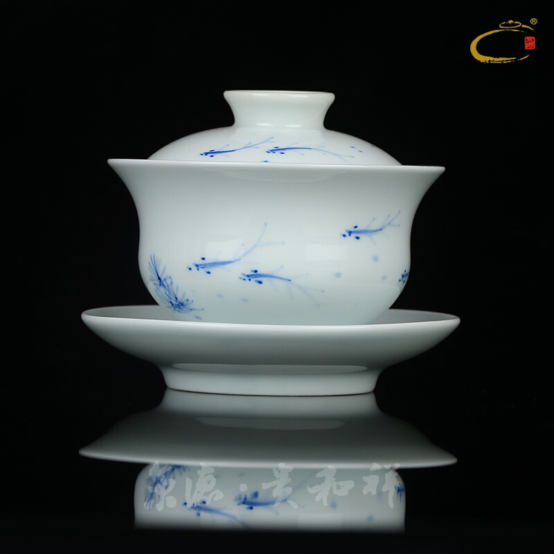 Beijing 's blue and white porcelain teacup and auspicious manual large only three bowl tea antique hand - made kung fu tea set