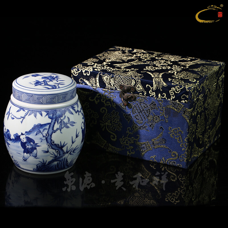 Jing DE and auspicious hand - made blue baby play peach as cans of jingdezhen ceramics by hand to wake tea loose tea tea gift box tank