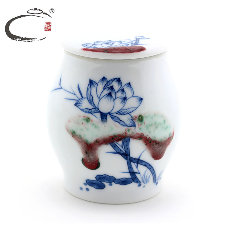 Lotus and auspicious hand - made caddy fixings jingdezhen ceramic portable mini tea packing seal pot