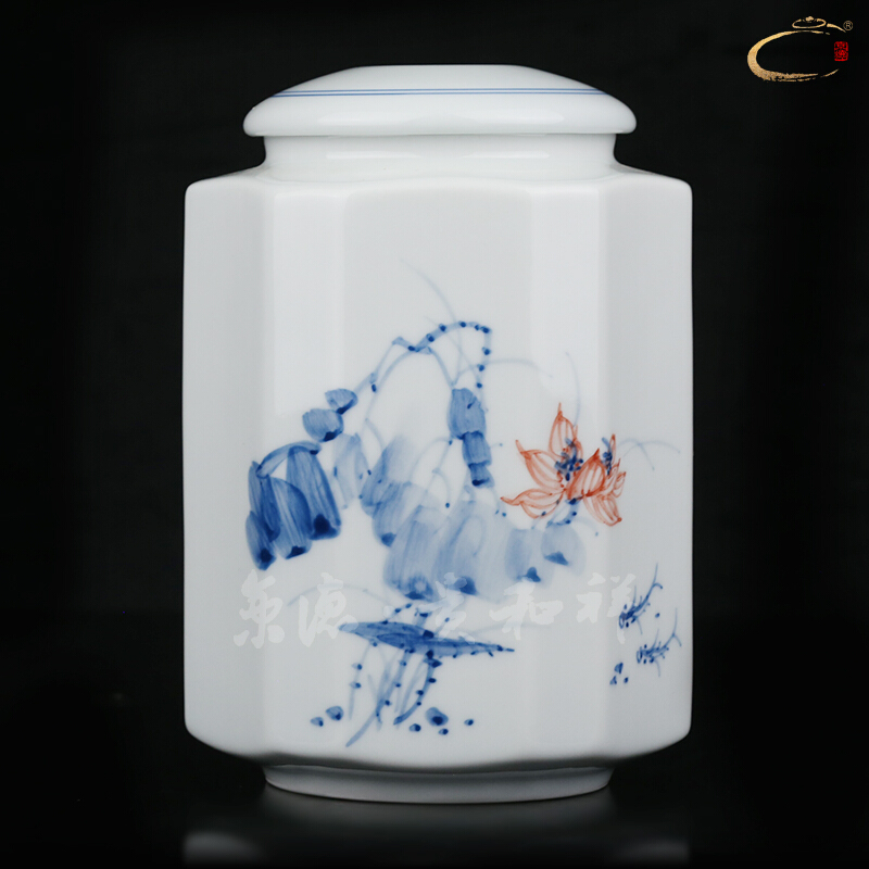 Jing DE and auspicious ceramic tea canister to blue and white shrimp play big tank storage POTS of blue and white porcelain tea pot seal pot