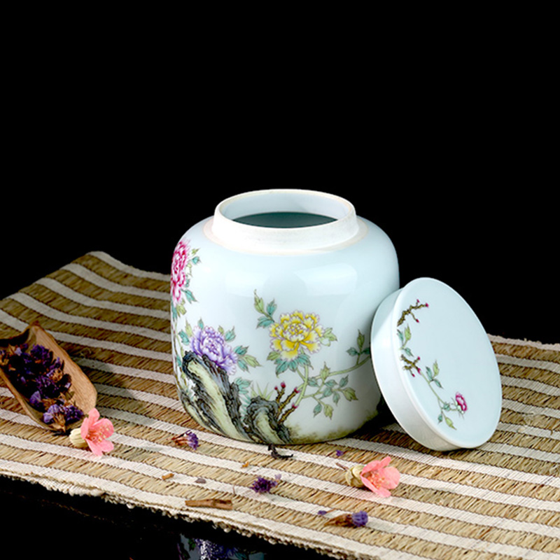 And auspicious famille rose blooming flowers peony caddy fixings jingdezhen pure manual large tea packaging POTS