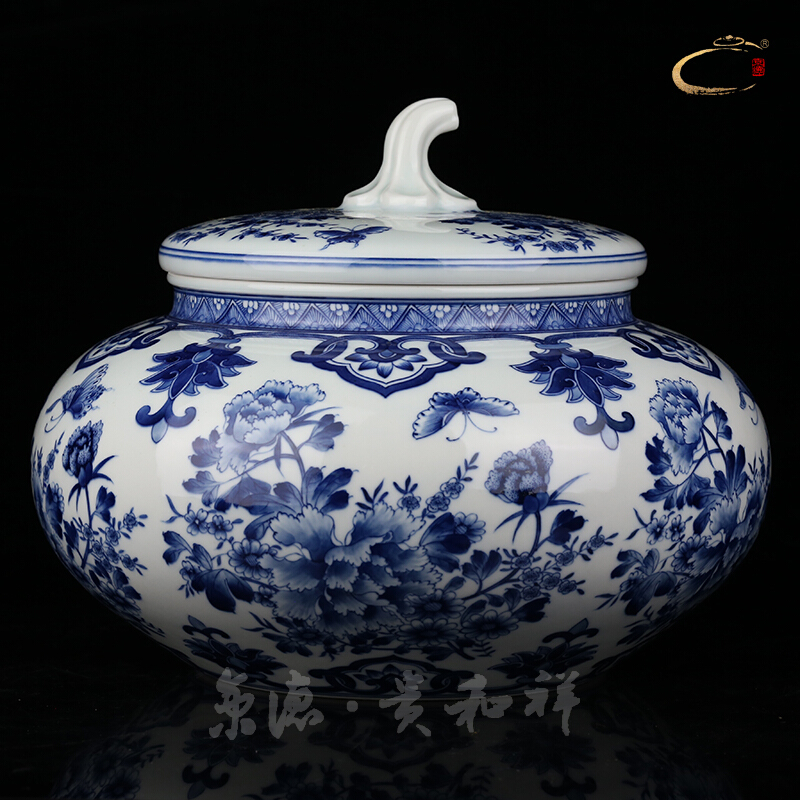 Beijing DE and auspicious all hand jingdezhen blue and white peony flower pot large store tea caddy fixings ceramic tea pot