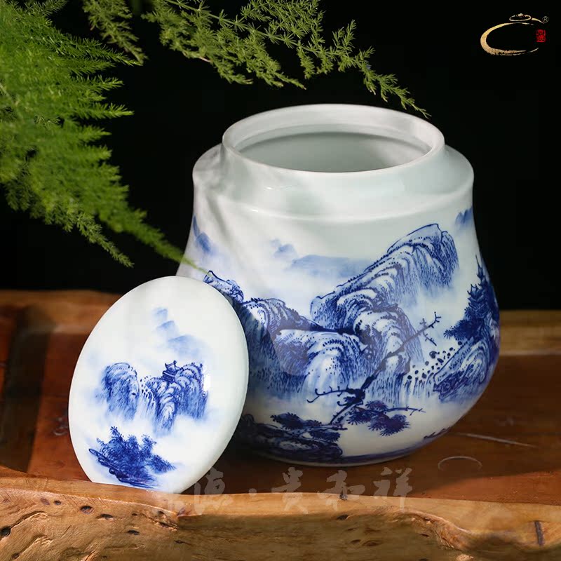 Beijing 's blue and white landscape and auspicious save tea caddy fixings jingdezhen ceramics receives gifts tea packaging gift box